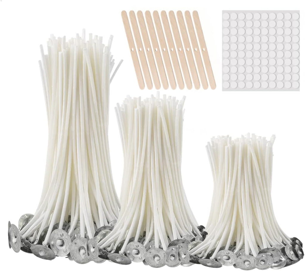Solroma 300Pcs Functional Smokeless Candle Wicks - Pre Waxed Cotton Wick with Metal Sustainer Tabs for Pillar Candle Making and DIY, 9cm/3.5in, 15cm/6in, 20cm/8in
