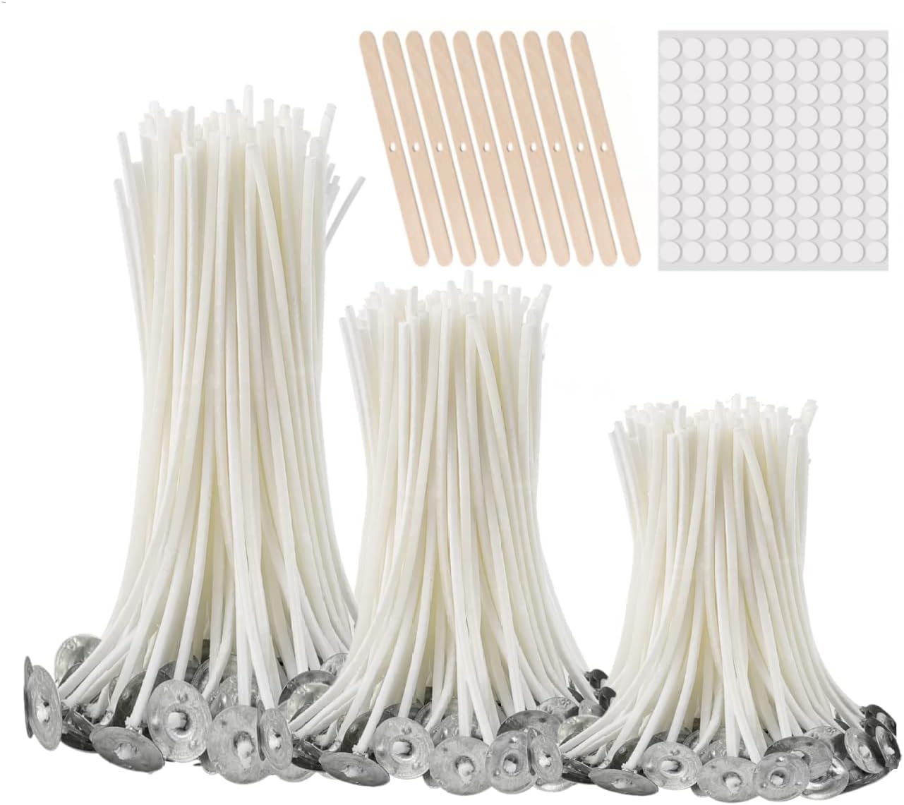 Solroma 300Pcs Functional Smokeless Candle Wicks - Pre Waxed Cotton Wick with Metal Sustainer Tabs for Pillar Candle Making and DIY, 9cm/3.5in, 15cm/6in, 20cm/8in