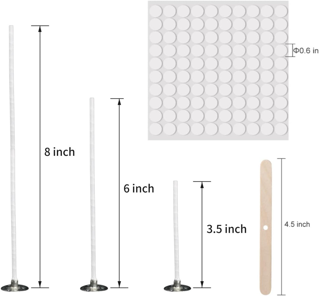 Solroma 300Pcs Functional Smokeless Candle Wicks - Pre Waxed Cotton Wick with Metal Sustainer Tabs for Pillar Candle Making and DIY, 9cm/3.5in, 15cm/6in, 20cm/8in