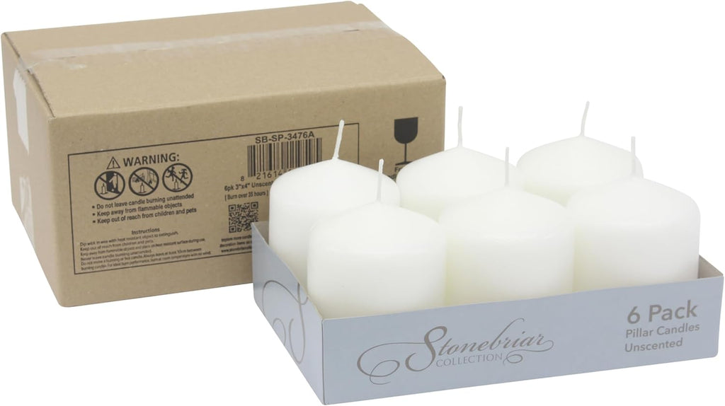 Solroma Unscented White Tall Pillar Candles, 35 Hour Burning Candle Pillars, Perfect for Decor, Weddings, Emergencies 3" X 4", 6 count