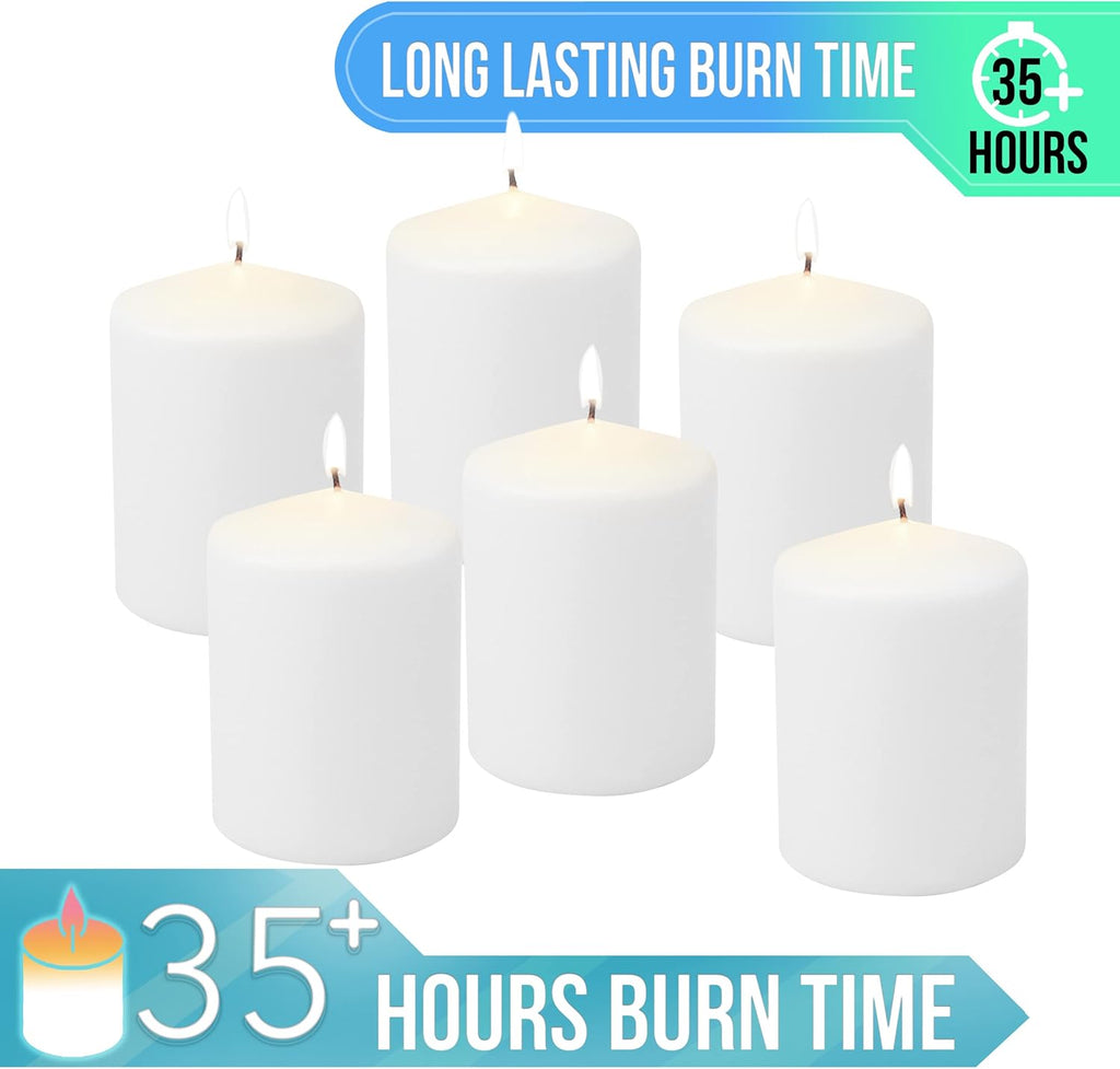 Solroma Unscented White Tall Pillar Candles, 35 Hour Burning Candle Pillars, Perfect for Decor, Weddings, Emergencies 3" X 4", 6 count