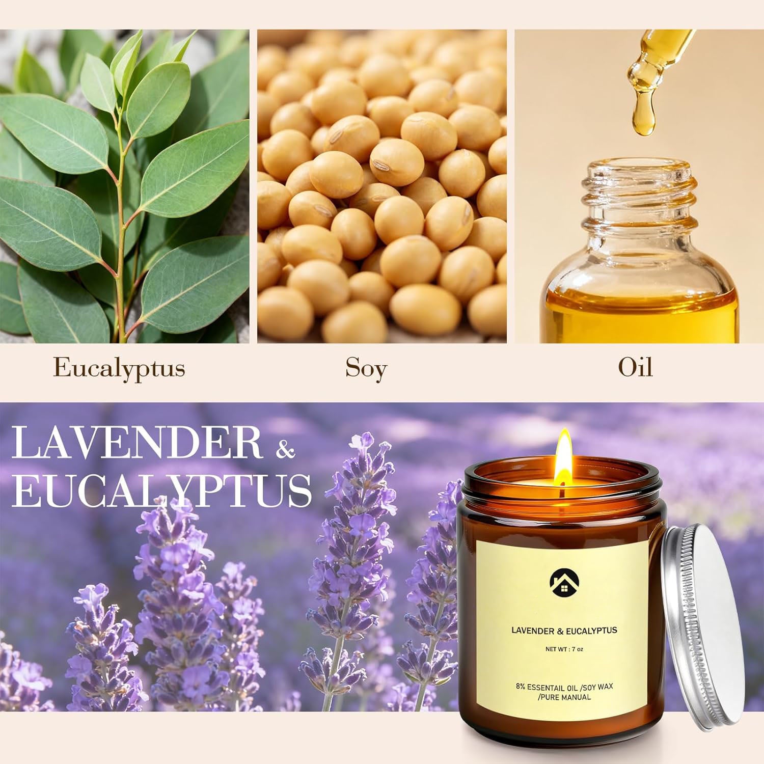 Solroma Aromatherapy Candles, Scented Candles, 7OZ Lavender Eucalyptus Candles Stress Relief and Relax for Home & Bedroom Gift for Women Birthday Christmas, Soy Wax Candle