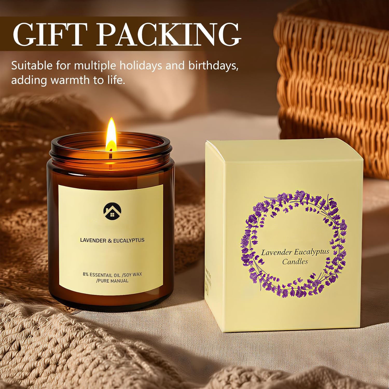 Solroma Aromatherapy Candles, Scented Candles, 7OZ Lavender Eucalyptus Candles Stress Relief and Relax for Home & Bedroom Gift for Women Birthday Christmas, Soy Wax Candle
