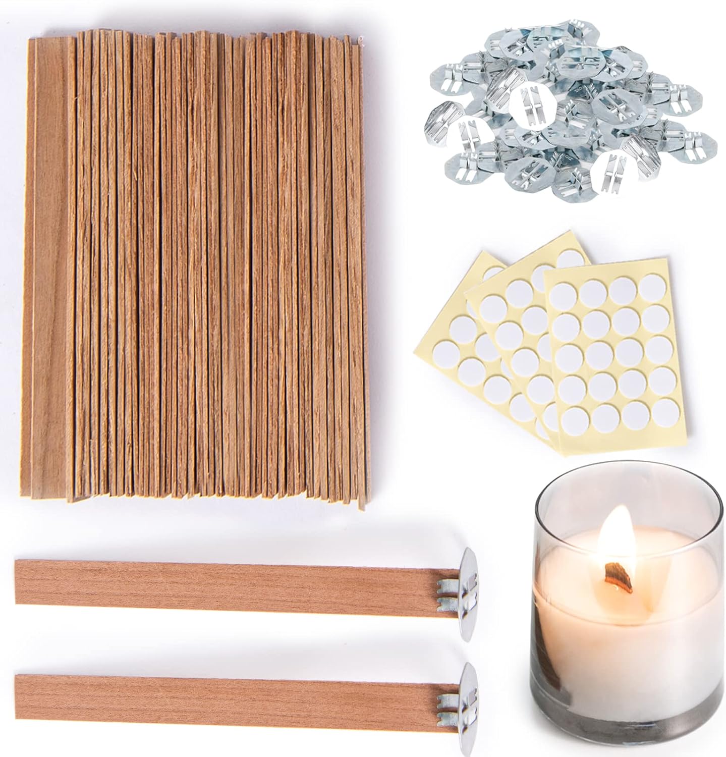 Solroma 50 Set Candle Wick, Thicken Smokeless Cherry Wood Wicks for Candles-Long Lasting Flame-Easily Burn, Candle Cores with Stand and Glue Dot, Candle Wicks for Candle Making