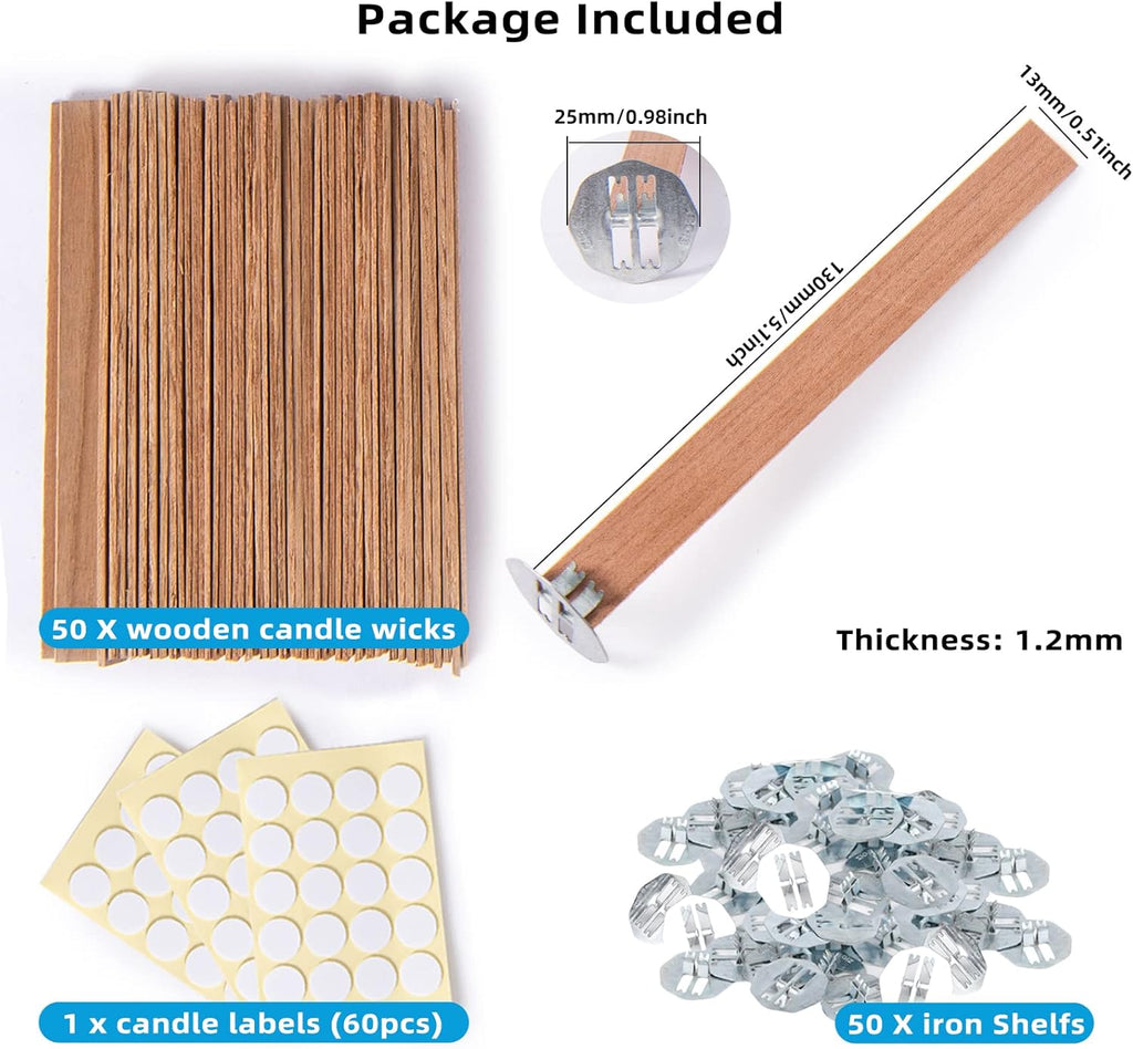 Solroma 50 Set Candle Wick, Thicken Smokeless Cherry Wood Wicks for Candles-Long Lasting Flame-Easily Burn, Candle Cores with Stand and Glue Dot, Candle Wicks for Candle Making