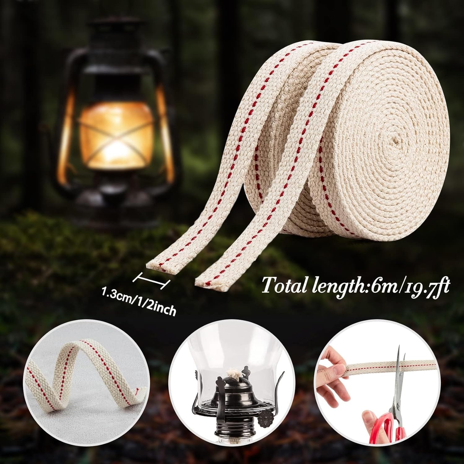 Solroma Oil Lamp Wicks - Lantern Wicks 3 Rolls 1/2 Inch Flat Cotton Wicks with Genuine Red Stitch Replacement Oil Lamp Wick for Paraffin Oil Kerosene Based Lanterns