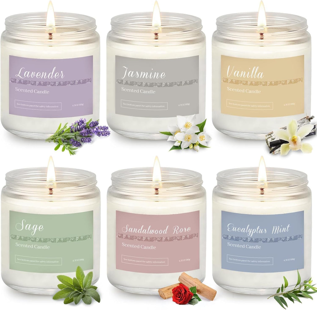 Solroma 6 Pack Scented Candles Gift Set, Long Lasting Aromatherapy Candles for Home, 37.8 oz 300 Hour Burn, Lavender Jasmine Vanilla Sage Sandalwood Rose Eucalyptus Mint, Gifts for Women