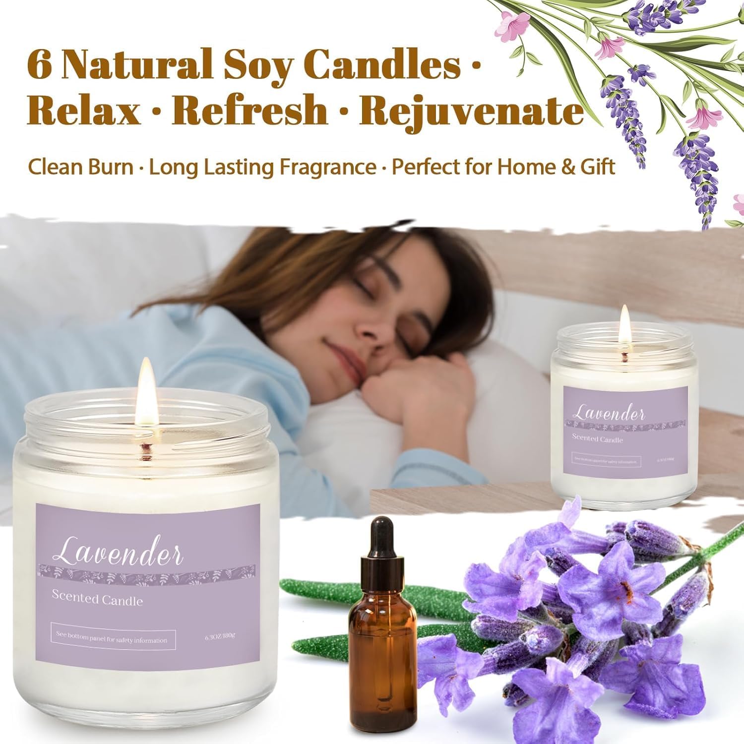 Solroma 6 Pack Scented Candles Gift Set, Long Lasting Aromatherapy Candles for Home, 37.8 oz 300 Hour Burn, Lavender Jasmine Vanilla Sage Sandalwood Rose Eucalyptus Mint, Gifts for Women