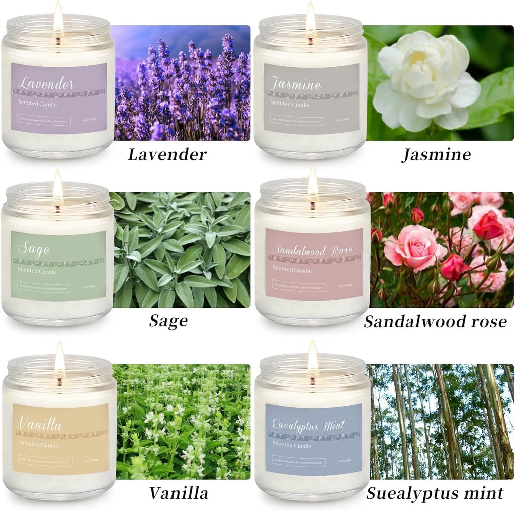Solroma 6 Pack Scented Candles Gift Set, Long Lasting Aromatherapy Candles for Home, 37.8 oz 300 Hour Burn, Lavender Jasmine Vanilla Sage Sandalwood Rose Eucalyptus Mint, Gifts for Women