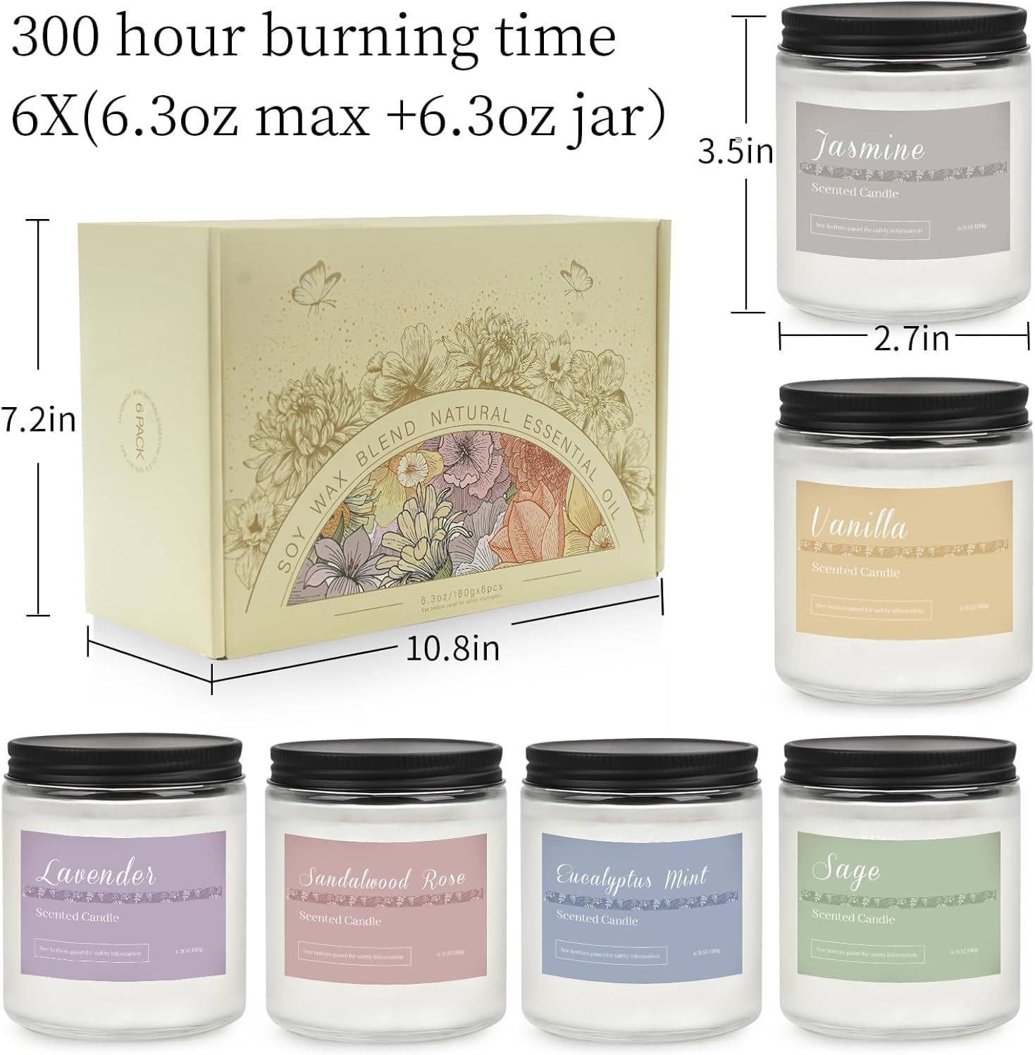 Solroma 6 Pack Scented Candles Gift Set, Long Lasting Aromatherapy Candles for Home, 37.8 oz 300 Hour Burn, Lavender Jasmine Vanilla Sage Sandalwood Rose Eucalyptus Mint, Gifts for Women